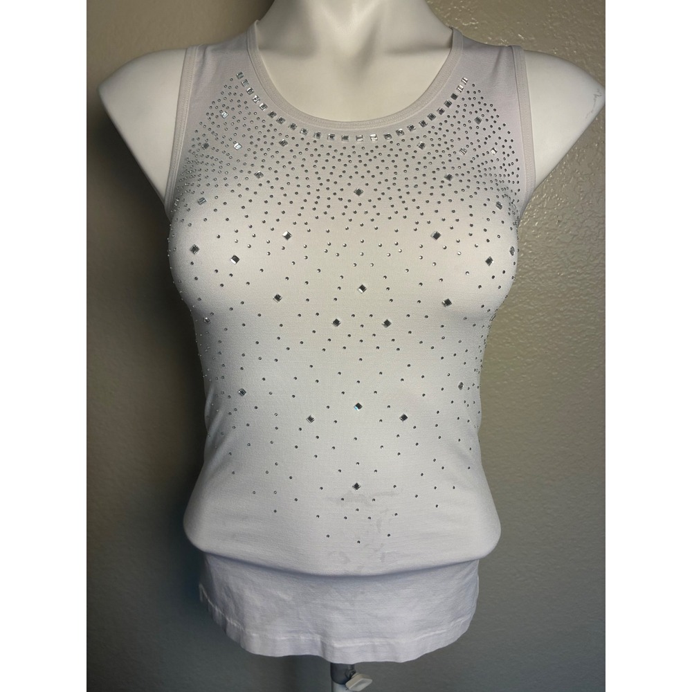 Olivia Jordan White Rhinestone Embellished Tank Top M/L 300VR80